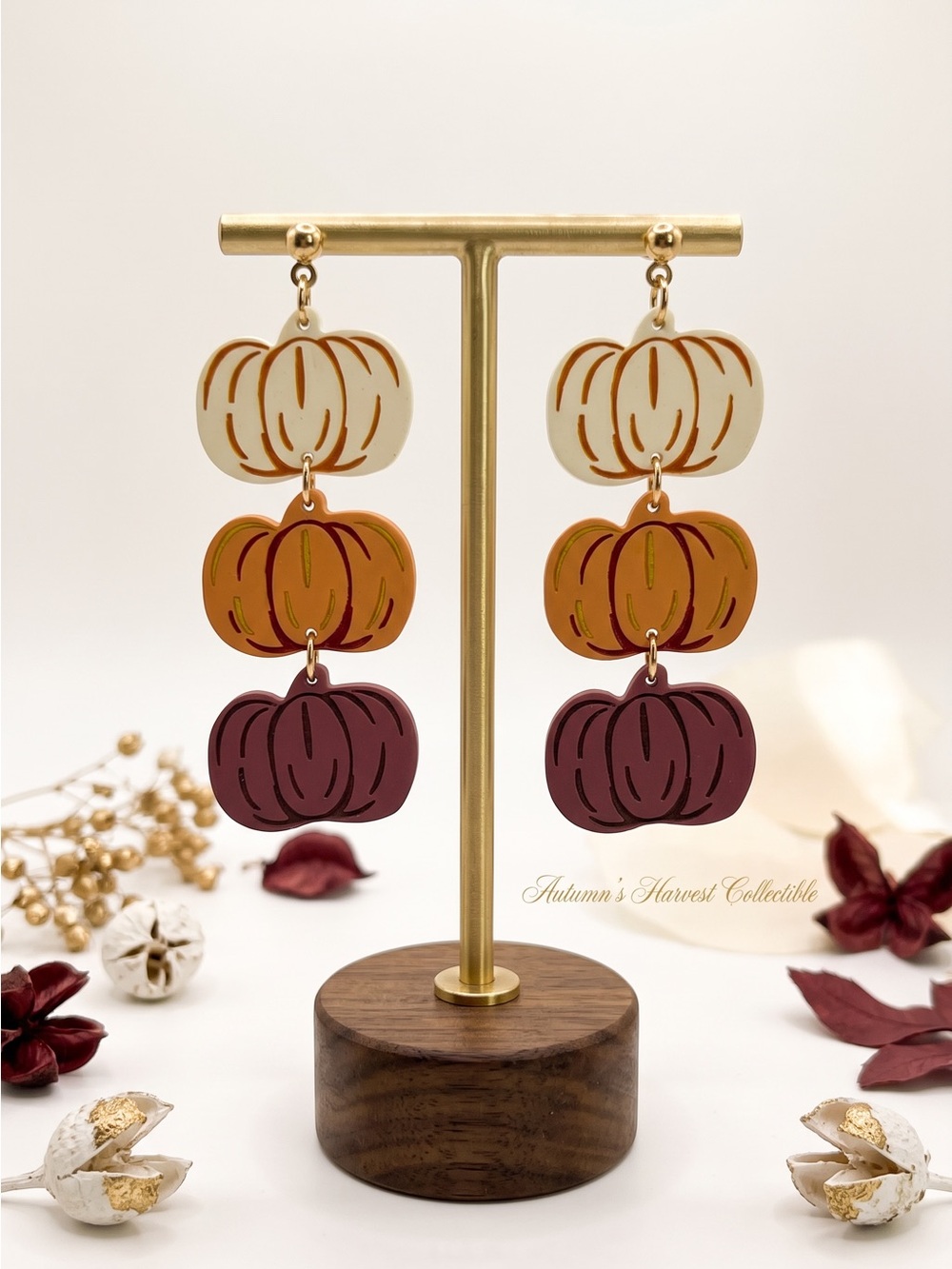 Triple Pumpkin Dangle Earrings Fall Autumn Statement Earrings NWOT